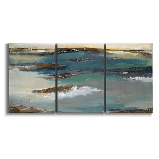 Three-panel canvas wall art featuring rocky coastal bluff above sea on white background.