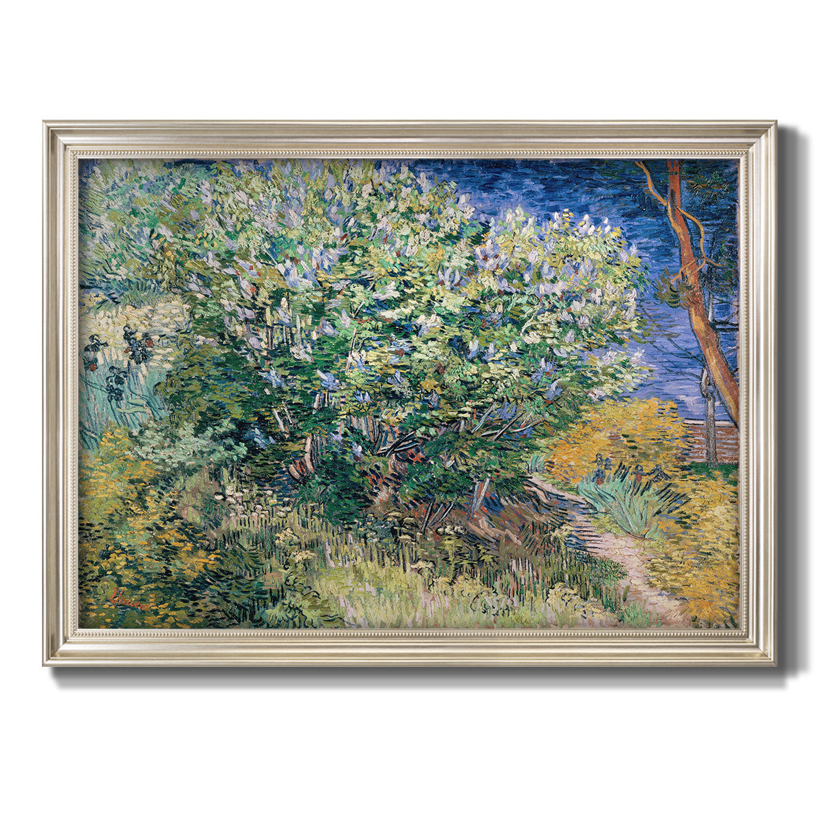Impressionist lilac flower painting by Vincent van Gogh printed on canvas in an ornate champagne frame.