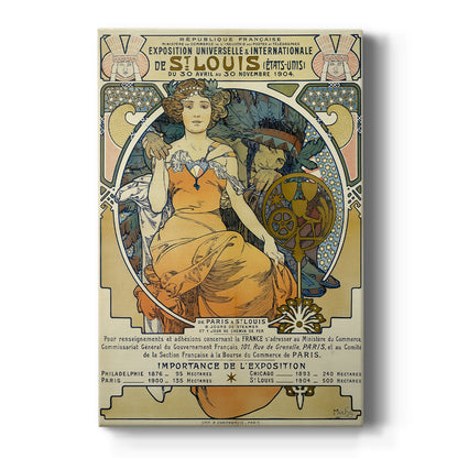Canvas art print featuring an Art Nouveau poster of a woman with ornate details and exhibition typography on a clean white background.