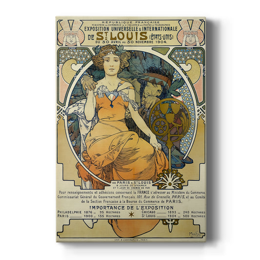 Canvas art print featuring an Art Nouveau poster of a woman with ornate details and exhibition typography on a clean white background.