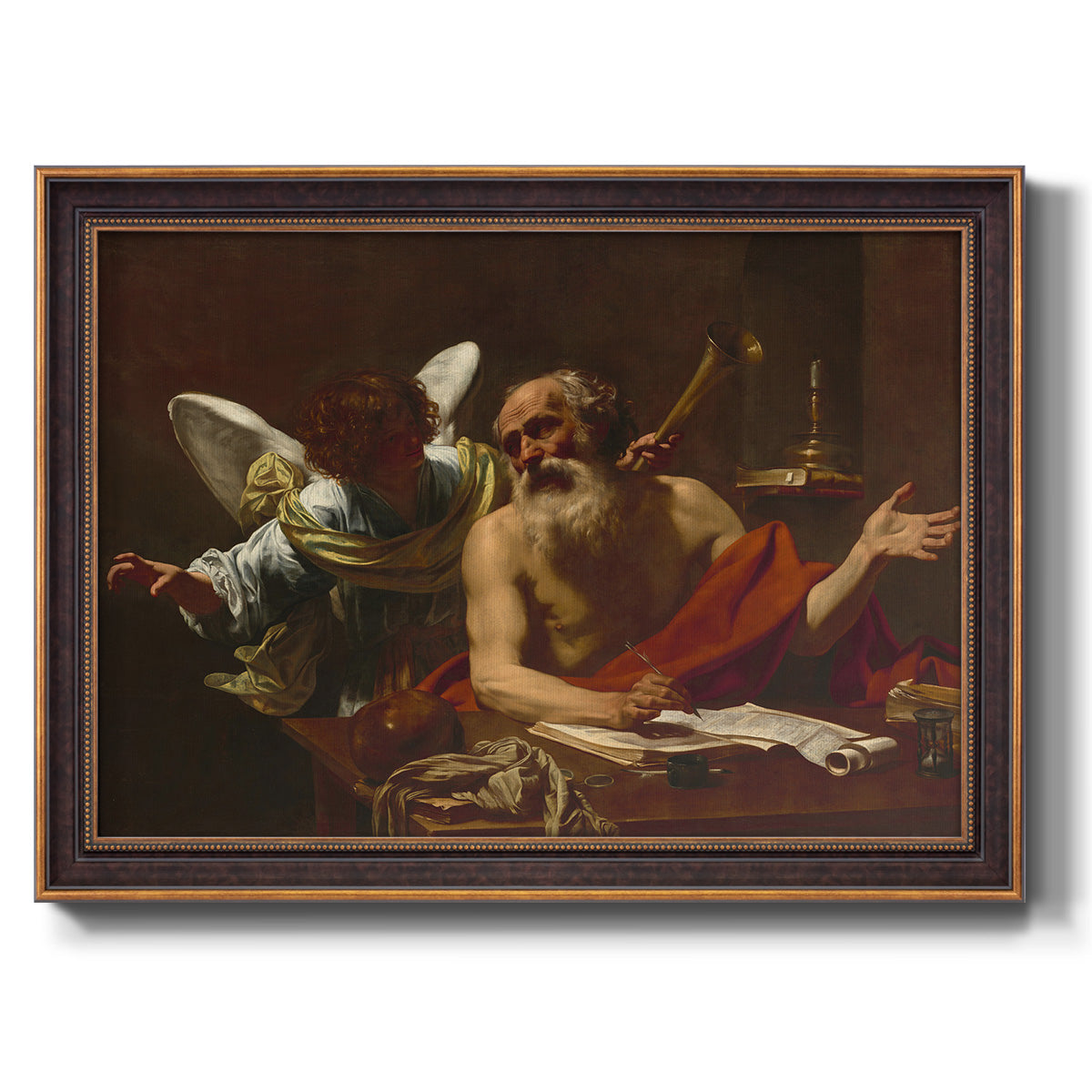 Classical religious painting of Saint Jerome with an angel by Simon Vouet printed on canvas in an ornate bronzed mahogany wood frame.