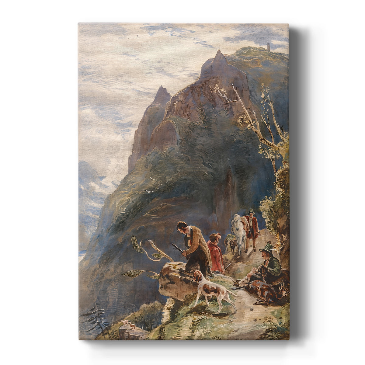 Canvas art print featuring a mountain landscape with hunters and animals in rugged terrain on a clean white background.