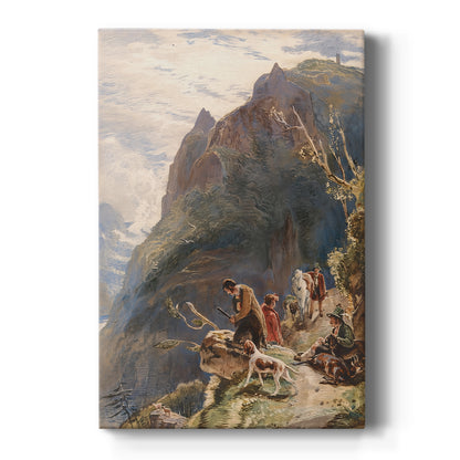Canvas art print featuring a mountain landscape with hunters and animals in rugged terrain on a clean white background.