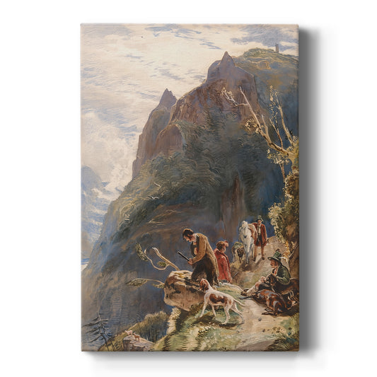 Canvas art print featuring a mountain landscape with hunters and animals in rugged terrain on a clean white background.