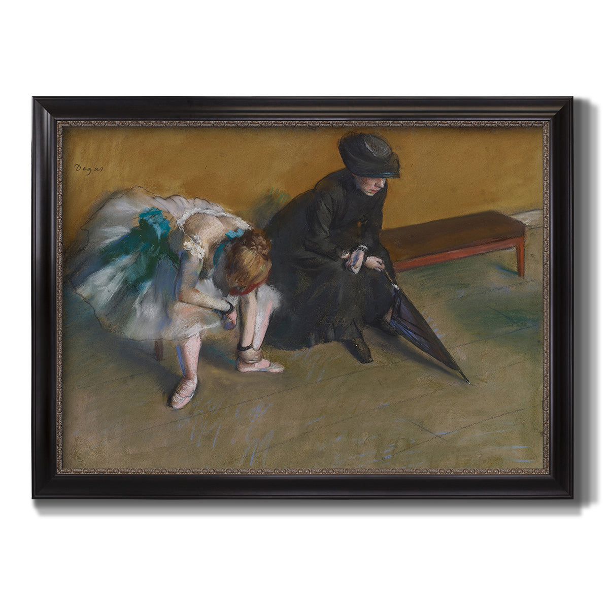 Impressionist portrait of a seated woman by Edgar Degas printed on canvas in an ornate black frame with gilded inner detail.