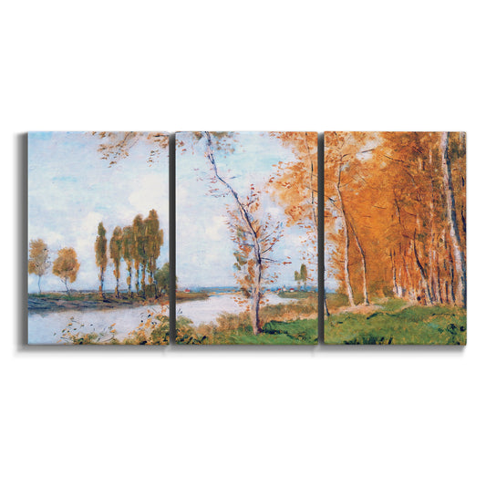 Three-panel canvas wall art featuring riverside village in spring on white background.