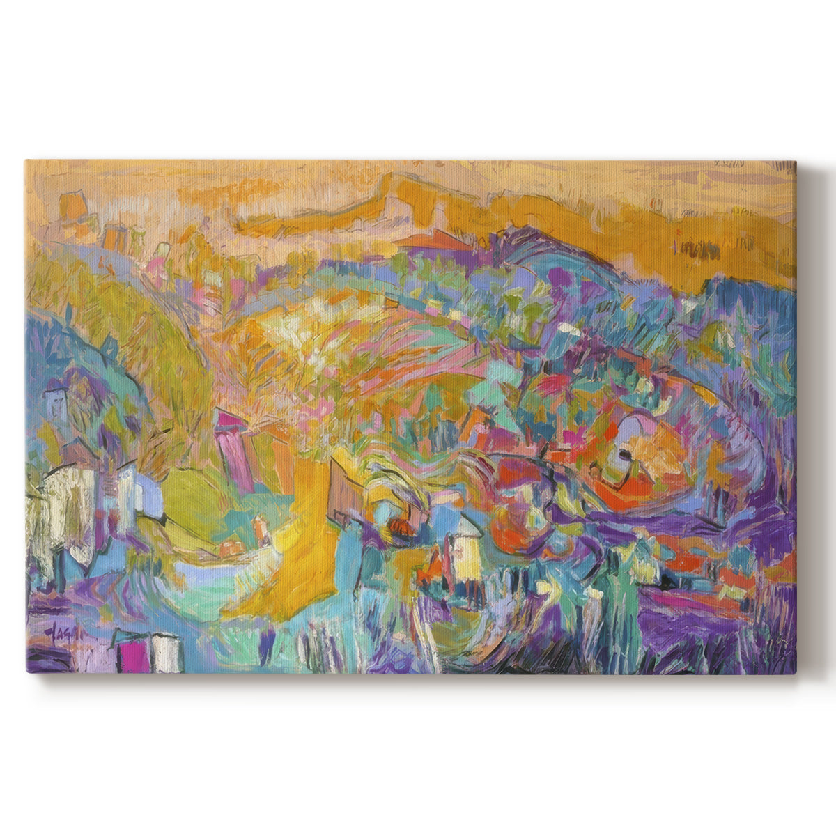 Colorful abstract landscape depicting vibrant hills and valleys at sunset with varying hues and forms