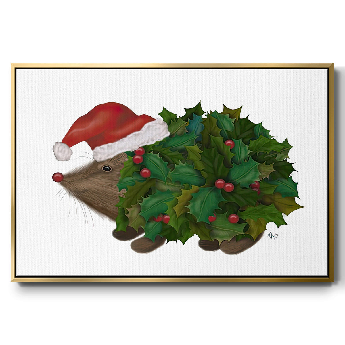 Christmas Holly Hedgehog - Framed Gallery Wrapped Canvas in Floating Frame