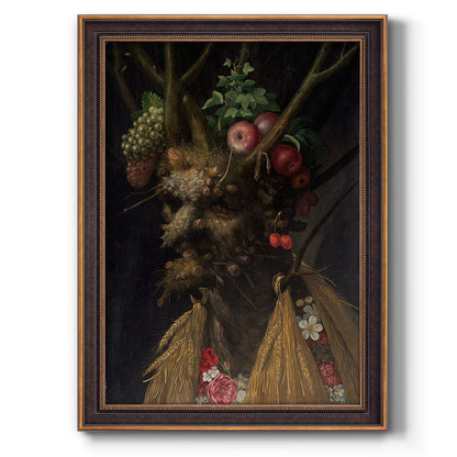 Surreal allegorical portrait representing the four seasons by Giuseppe Arcimboldo printed on canvas in an ornate bronzed mahogany wood frame with a vertical orientation.