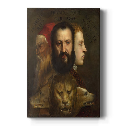 Canvas art print featuring a Renaissance allegorical portrait with multiple heads and symbolic animals on a clean white background.