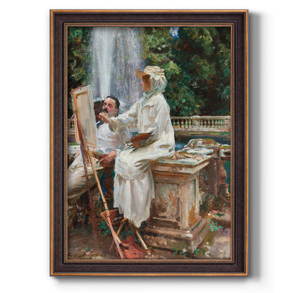Impressionist garden and fountain scene by John Singer Sargent printed on canvas in an ornate weathered white frame with a vertical orientation.