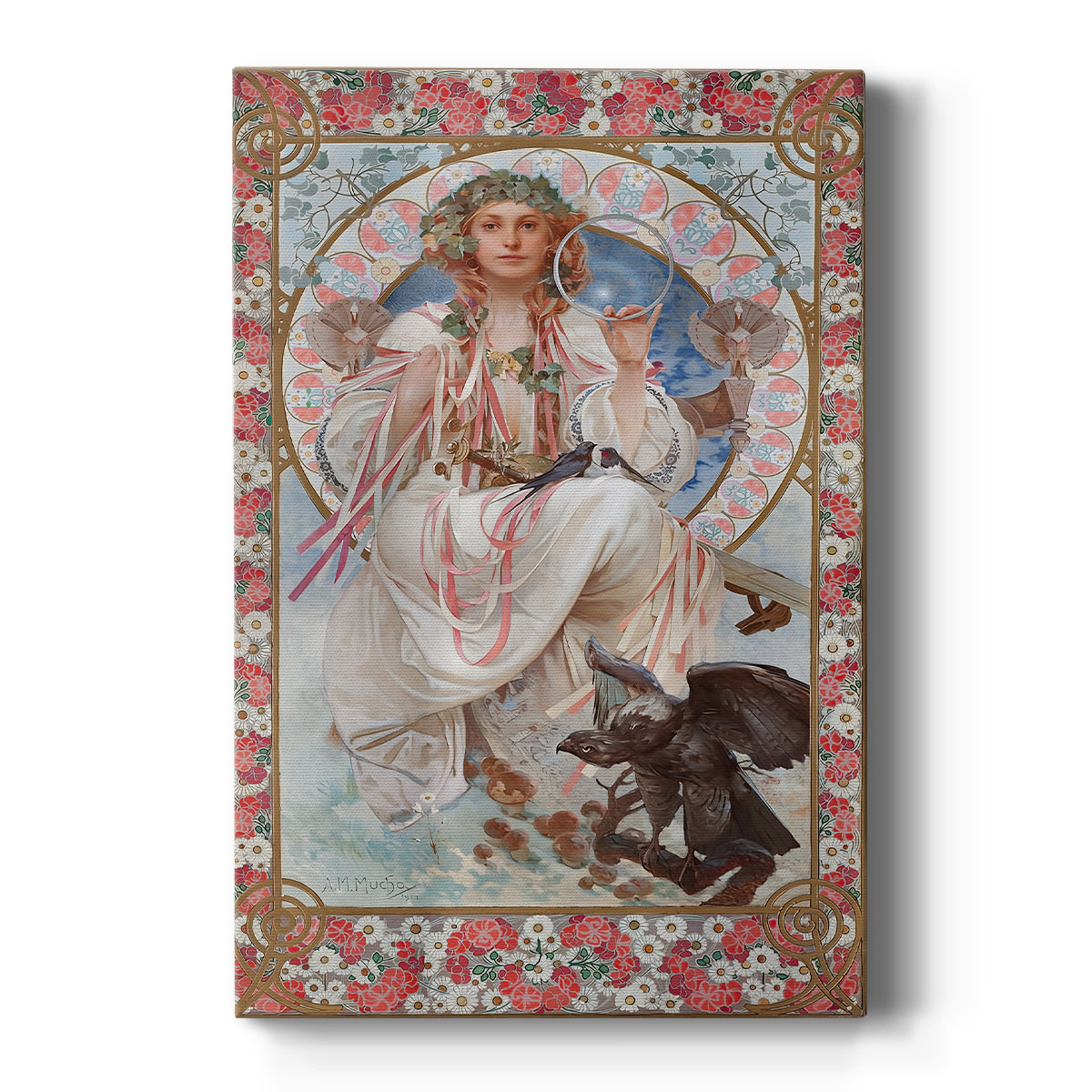 Canvas art print featuring an Art Nouveau portrait of a woman as Slavia with ornate symbolic details on a clean white background.