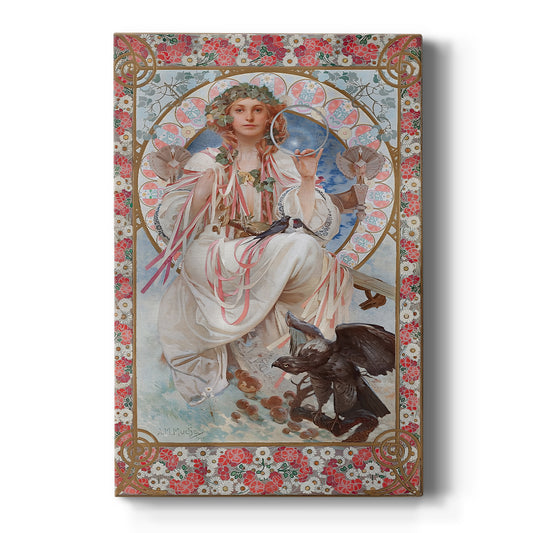Canvas art print featuring an Art Nouveau portrait of a woman as Slavia with ornate symbolic details on a clean white background.