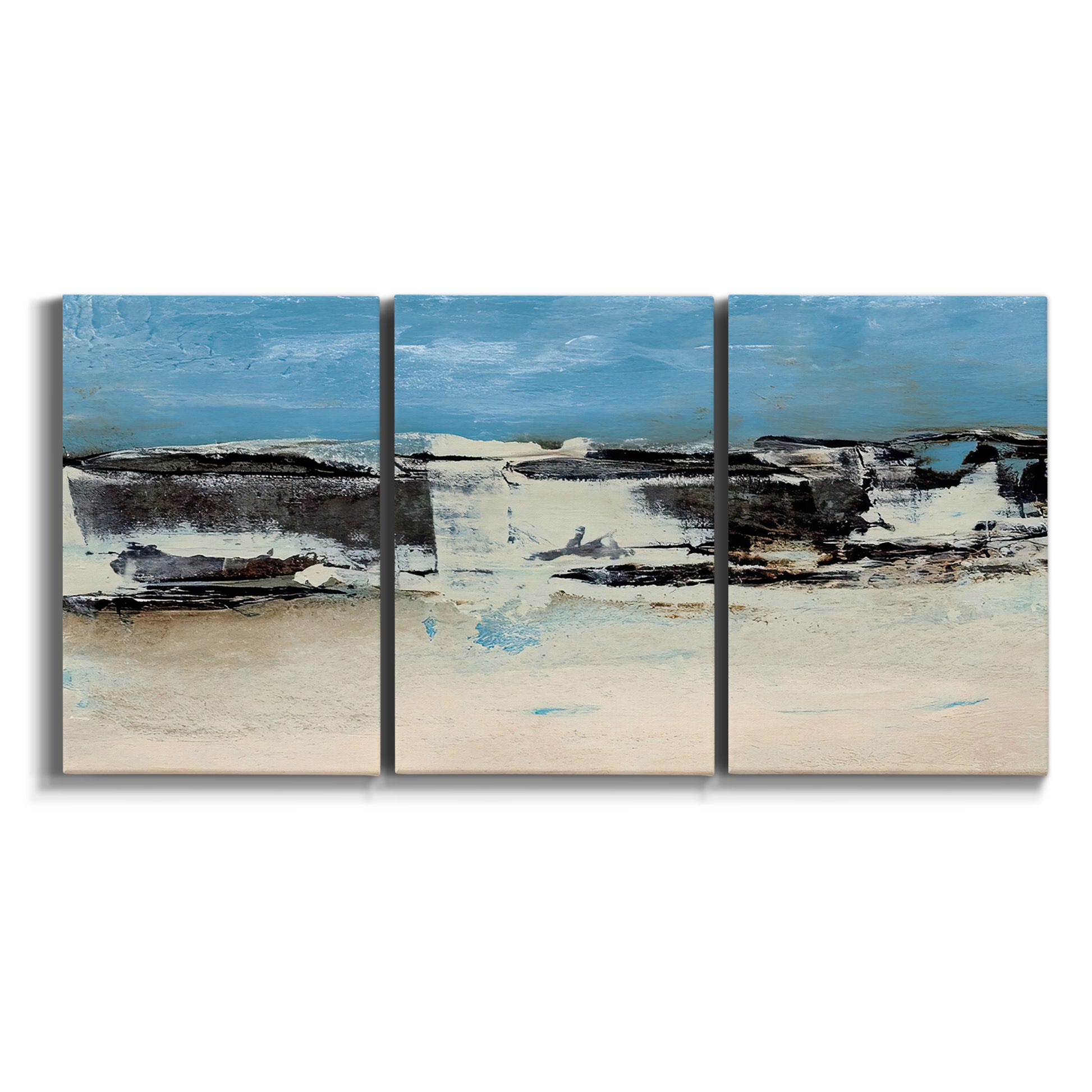 Three-panel canvas wall art featuring abstract bridge landscape in cyan on white background.