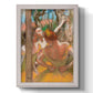 Impressionist ballet dancer composition by Edgar Degas printed on canvas in an ornate champagne frame with a vertical orientation.