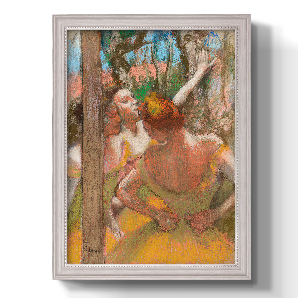 Impressionist ballet dancer composition by Edgar Degas printed on canvas in an ornate champagne frame with a vertical orientation.