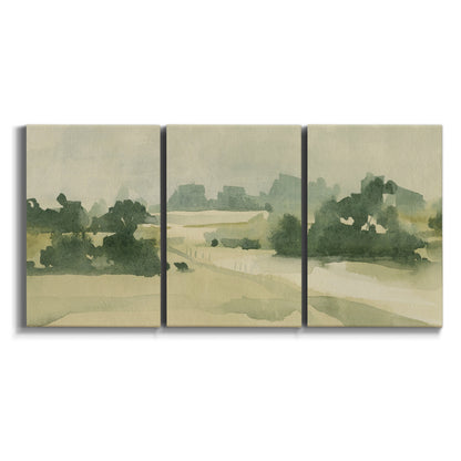 Three-panel canvas wall art featuring pasture landscape in soft watercolor on white background.