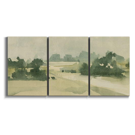 Three-panel canvas wall art featuring pasture landscape in soft watercolor on white background.