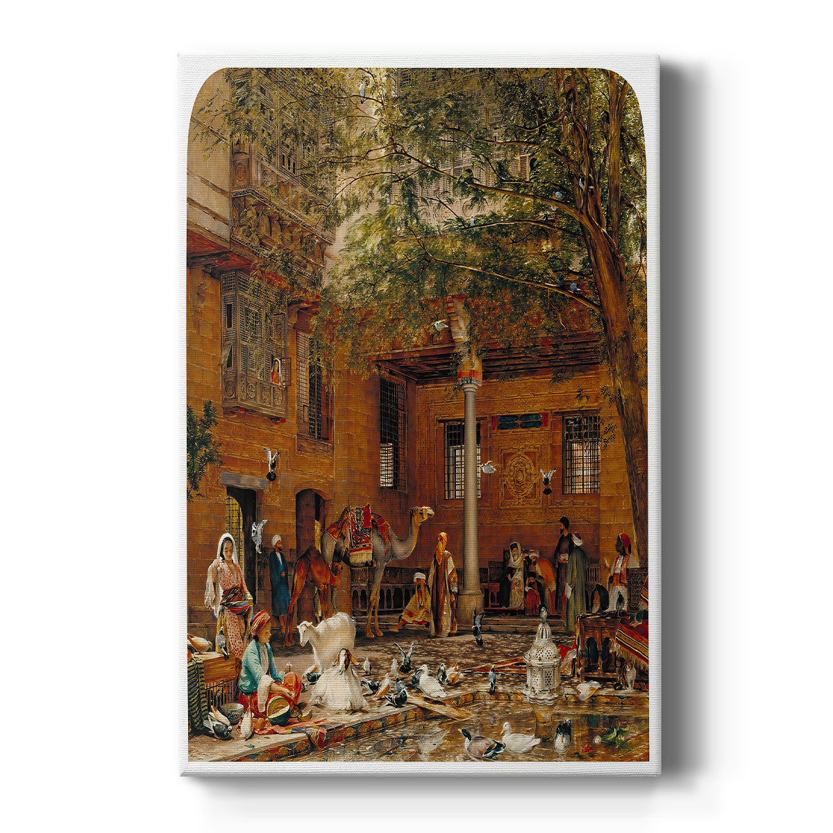 Canvas art print featuring a detailed courtyard scene with figures in traditional dress and ornate architecture on a clean white background.