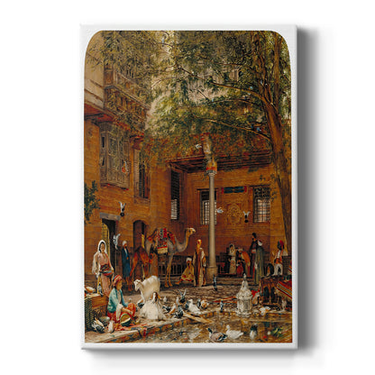 Canvas art print featuring a detailed courtyard scene with figures in traditional dress and ornate architecture on a clean white background.