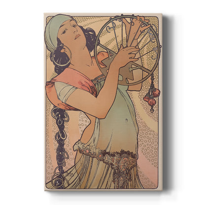 Canvas art print featuring an Art Nouveau portrait of a woman with flowing hair and ornate decorative details on a clean white background.