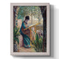 Impressionist portrait of Madame Monet sewing by Claude Monet printed on canvas in an ornate weathered white frame with a vertical orientation.