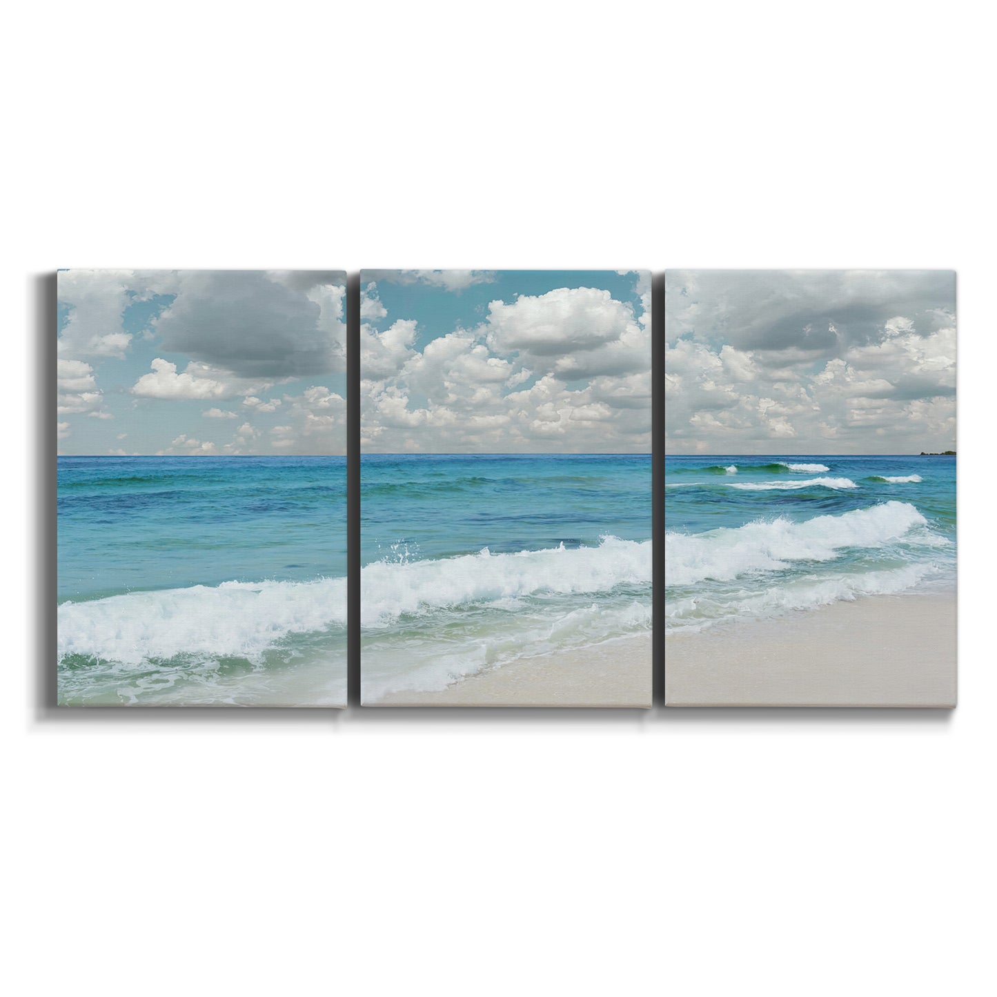 Three-panel canvas wall art featuring tropical beach scene with turquoise water on white background.