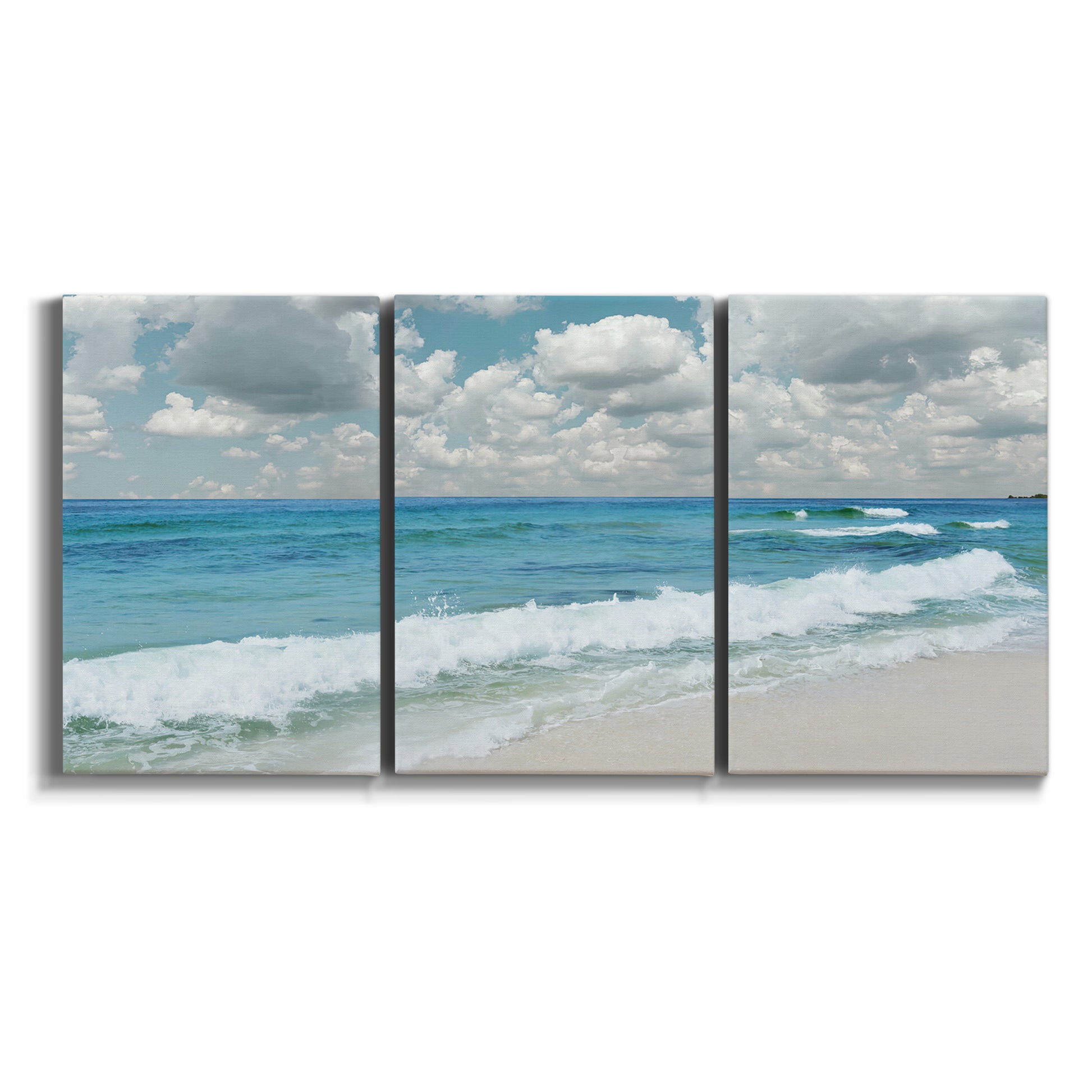 Three-panel canvas wall art featuring tropical beach scene with turquoise water on white background.