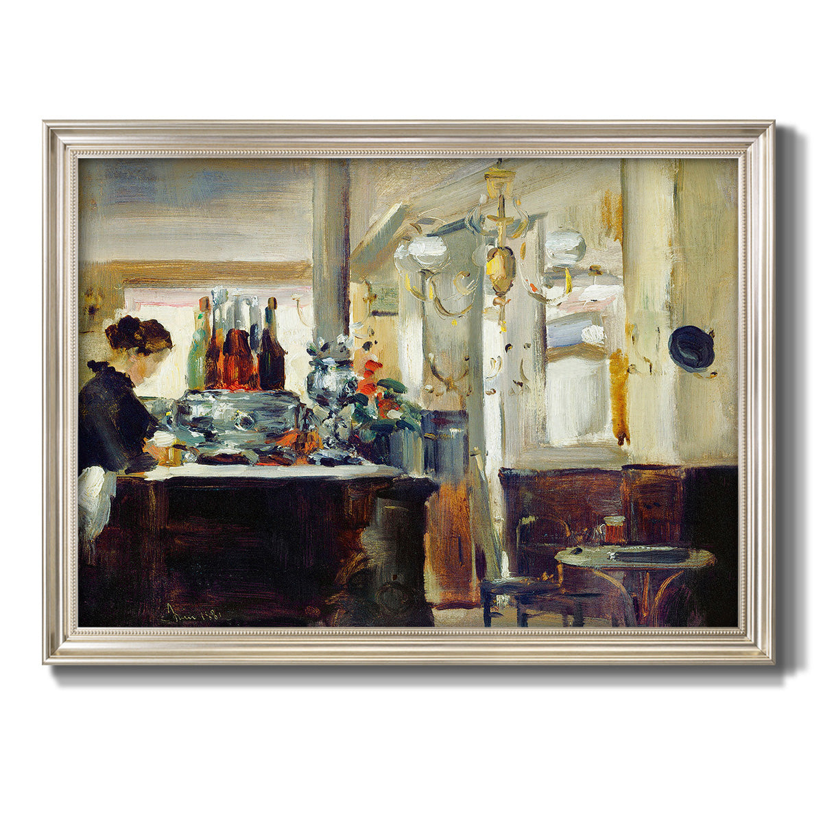 Impressionist café still life scene by Édouard Manet printed on canvas in an ornate champagne frame.