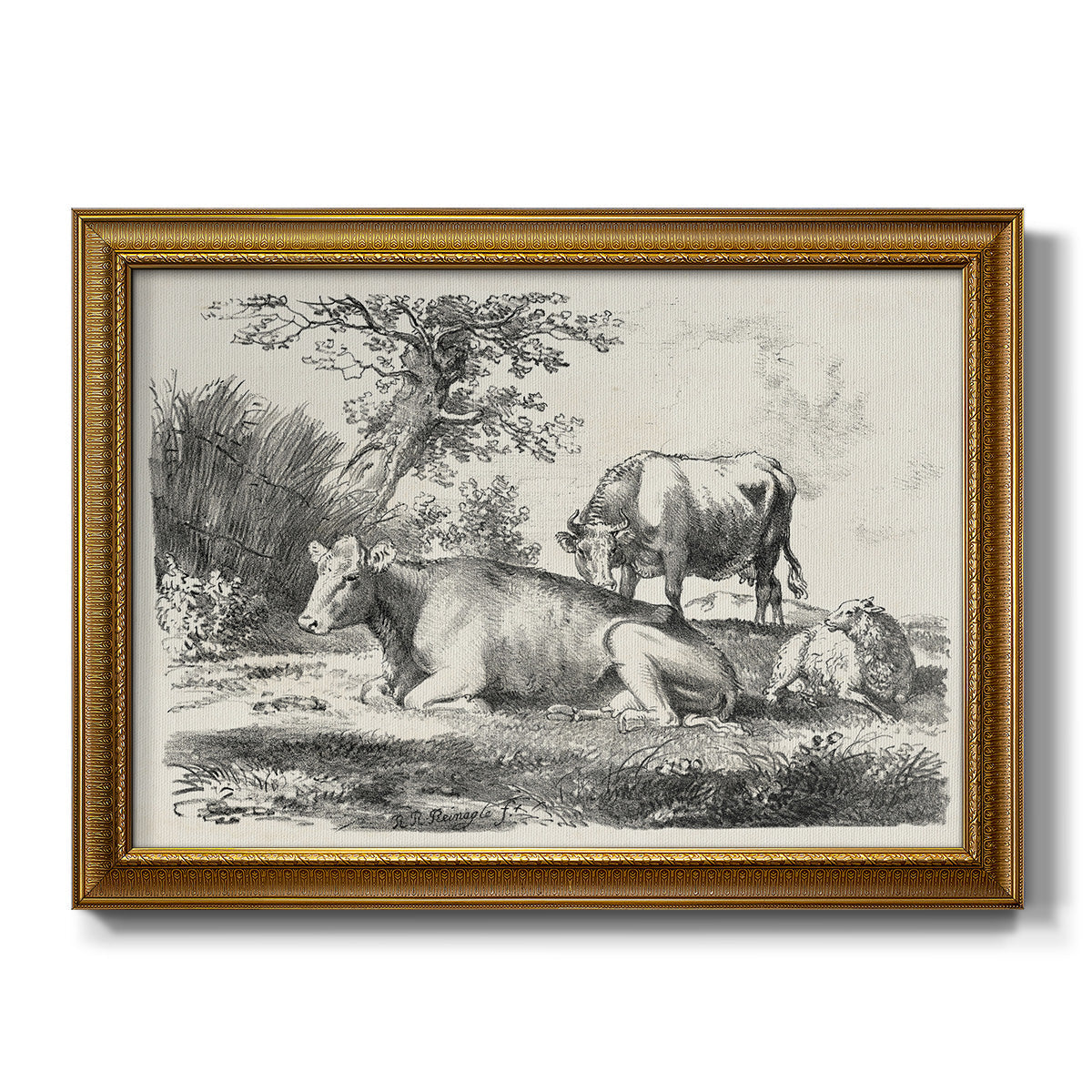 Classical pastoral landscape artwork by Nicolas Berchem printed on canvas in an ornate traditional gold frame.