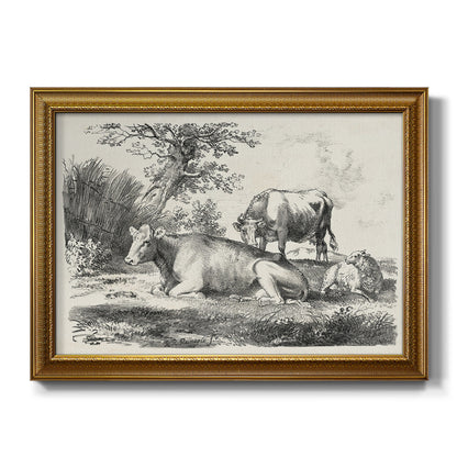 Classical pastoral landscape artwork by Nicolas Berchem printed on canvas in an ornate traditional gold frame.