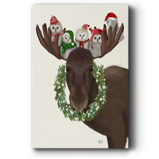 Christmas Moose and Christmas Owls - Canvas Art Print