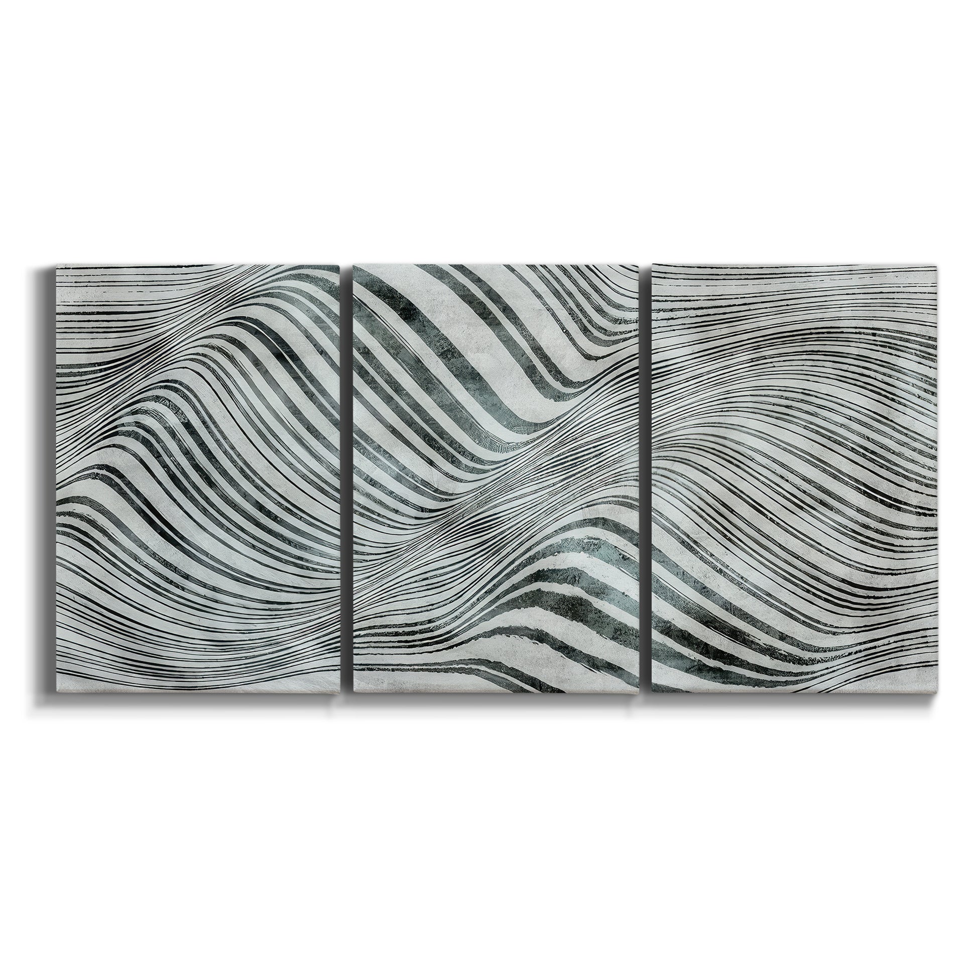 Three-panel canvas wall art featuring coastal shoreline with gentle surf on white background.