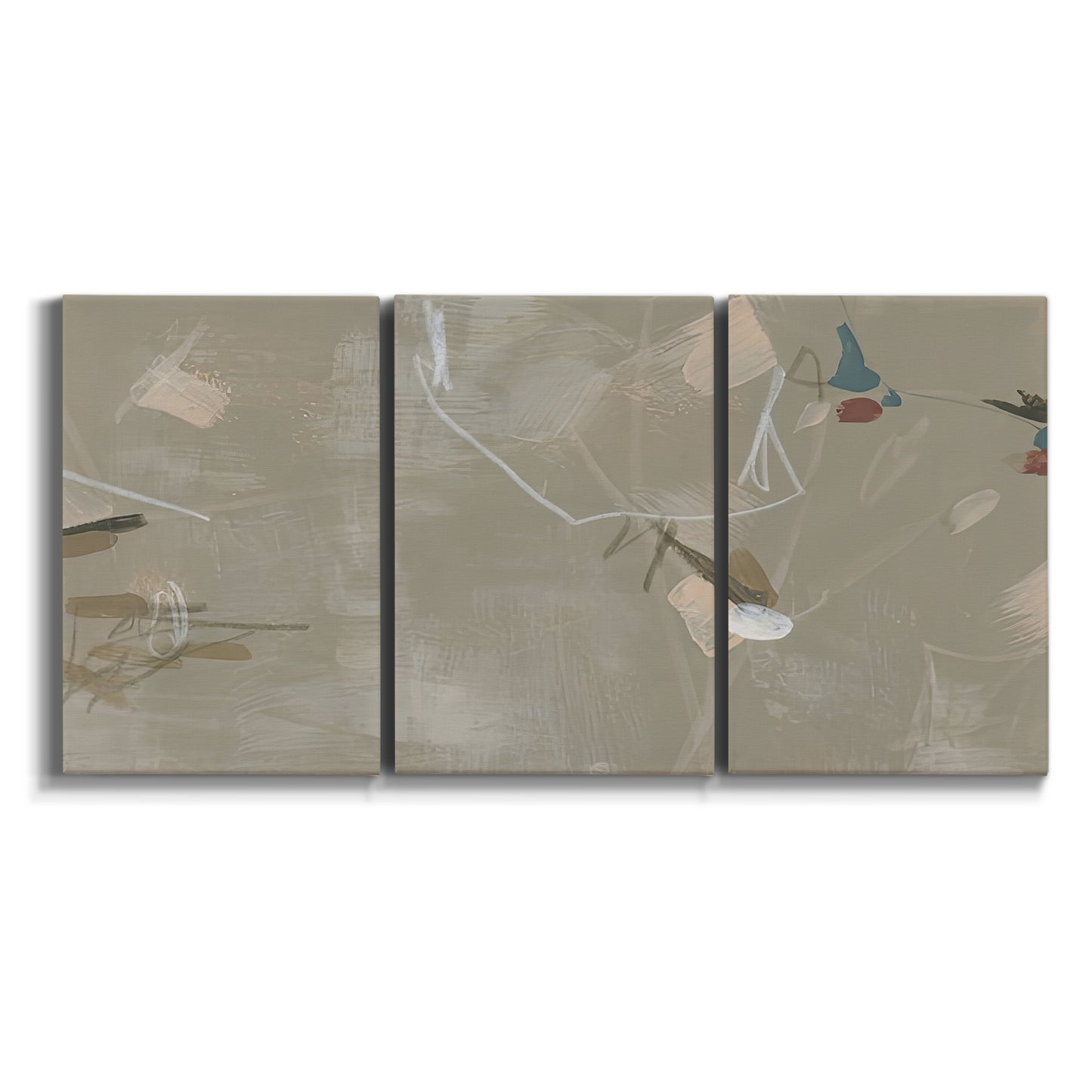 Three-panel canvas wall art featuring mid century terrazzo inspired abstraction on white background.