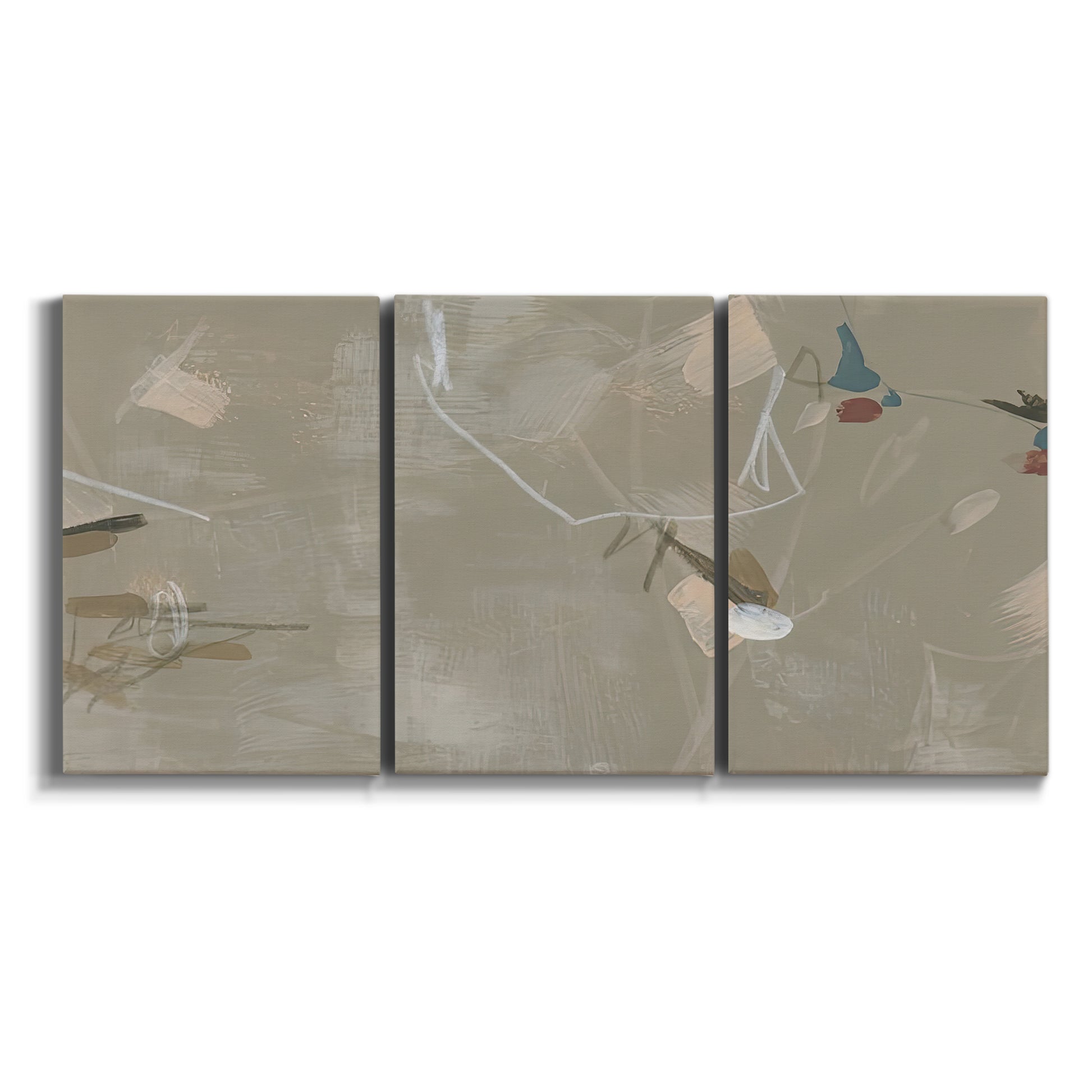 Three-panel canvas wall art featuring mid century terrazzo inspired abstraction on white background.