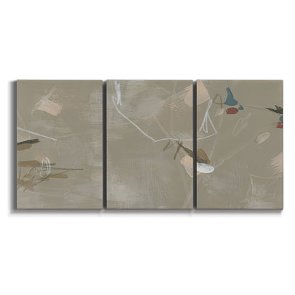 Three-panel canvas wall art featuring mid century terrazzo inspired abstraction on white background.