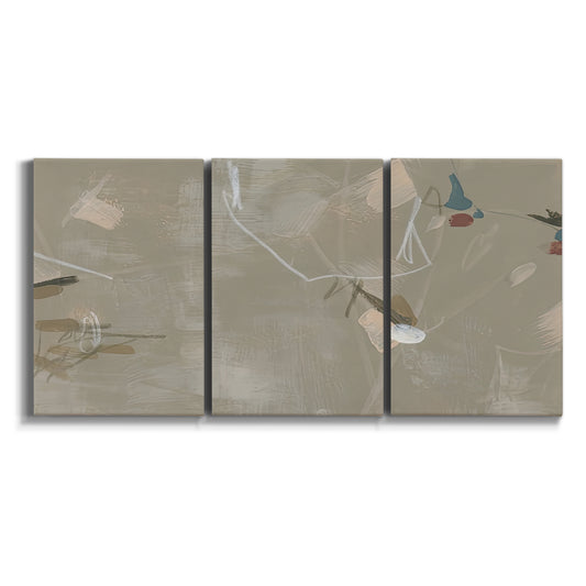 Three-panel canvas wall art featuring mid century terrazzo inspired abstraction on white background.