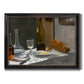 Impressionist still life with wine and bread by Claude Monet printed on canvas in an ornate black frame with gilded inner detail.