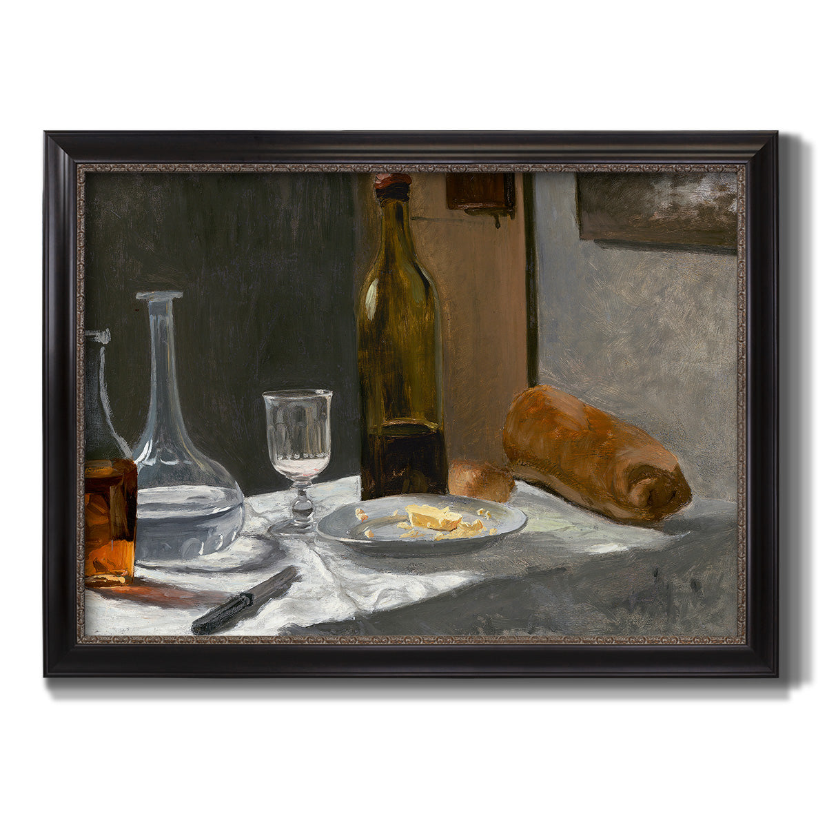 Impressionist still life with wine and bread by Claude Monet printed on canvas in an ornate black frame with gilded inner detail.