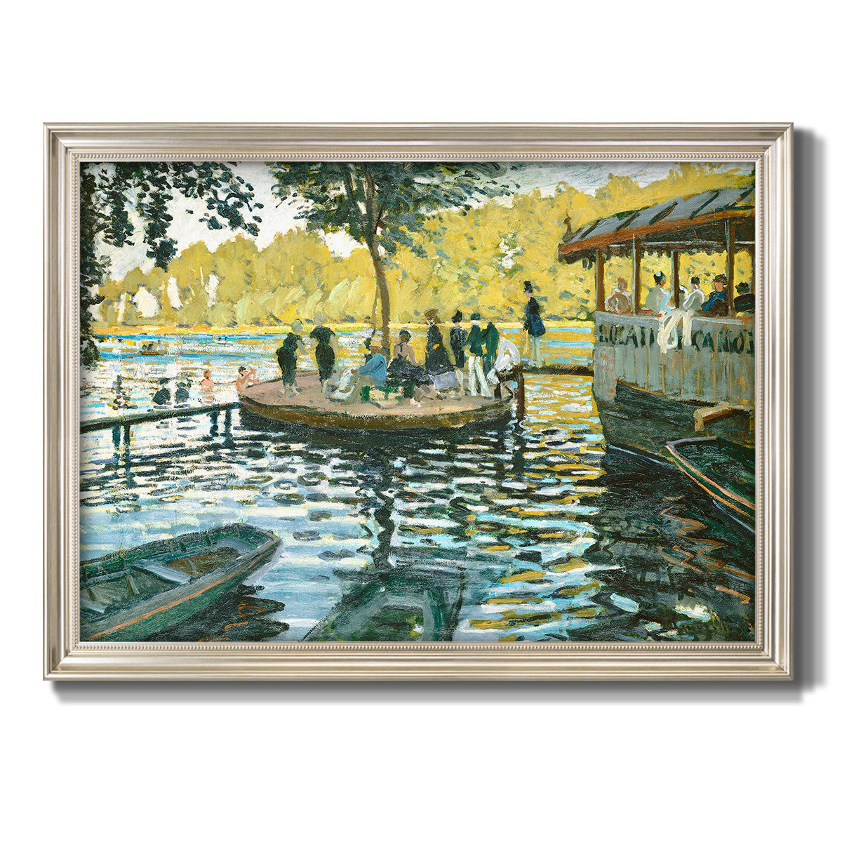 Impressionist riverside leisure scene by Claude Monet printed on canvas in an ornate champagne frame.