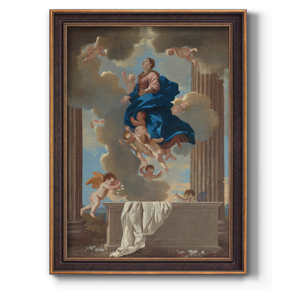Classical religious depiction of the Assumption of the Virgin by Nicolas Poussin printed on canvas in an ornate bronzed mahogany wood frame with a vertical orientation.