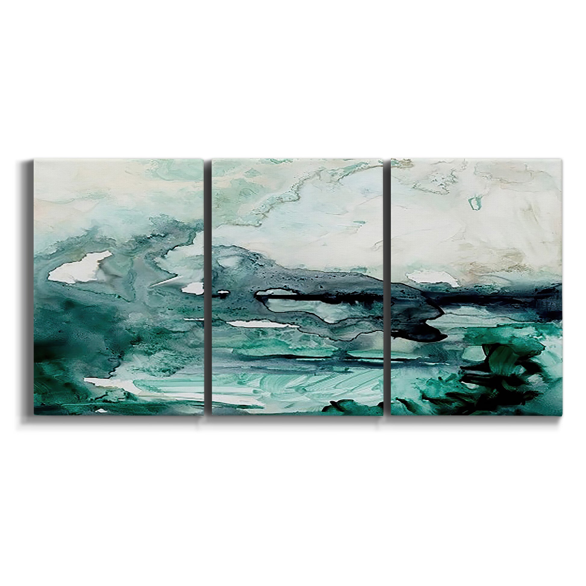 Three-panel canvas wall art featuring coastal abstract sea foam movement on white background.
