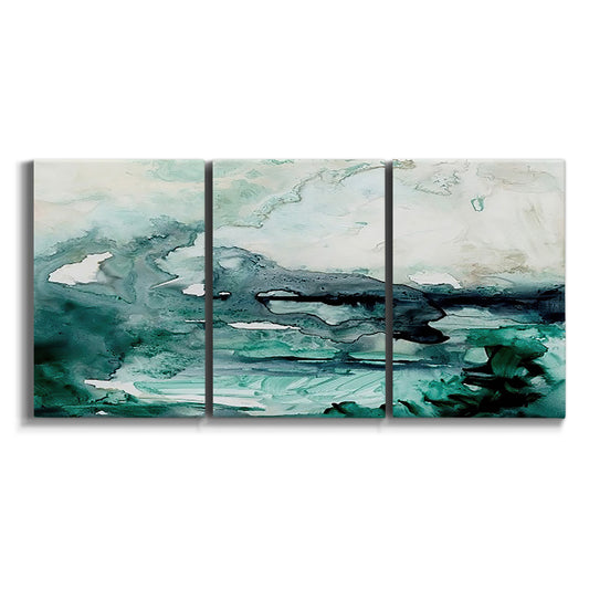 Three-panel canvas wall art featuring coastal abstract sea foam movement on white background.