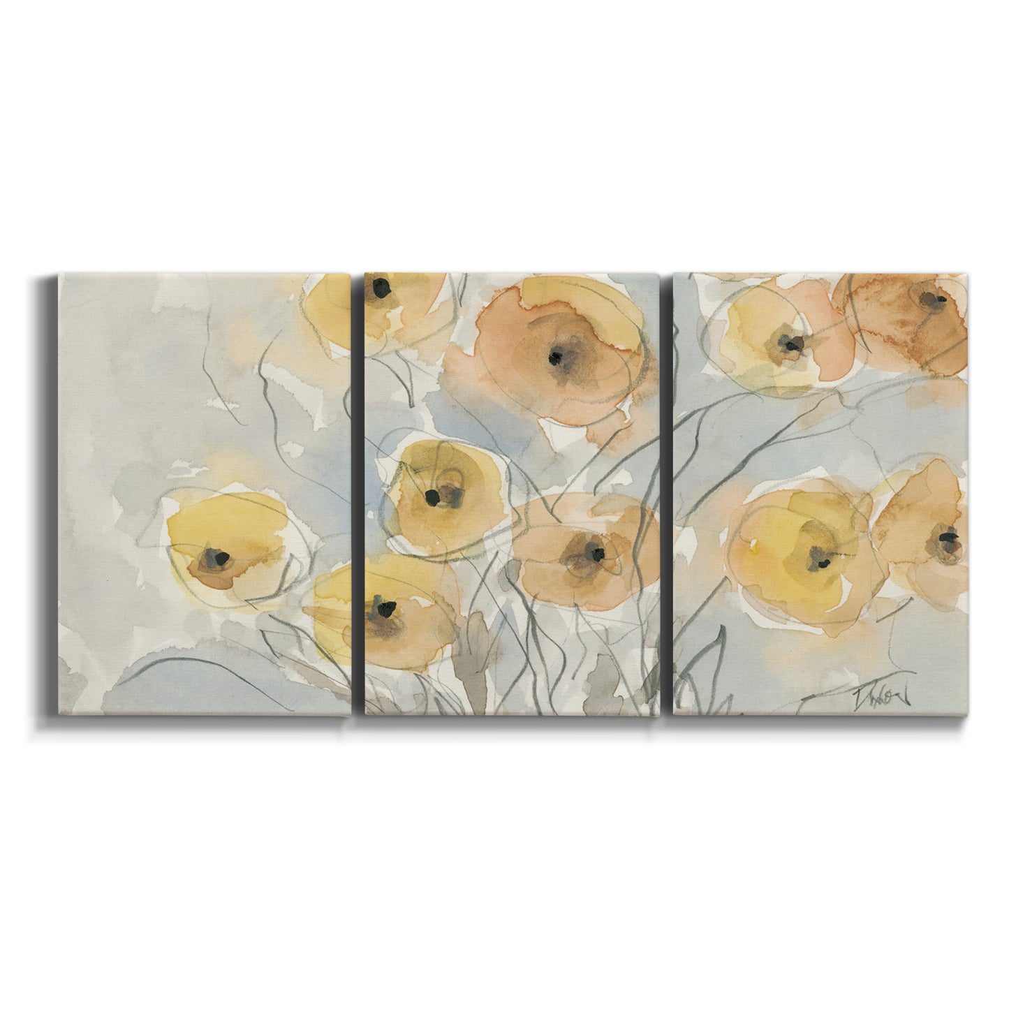 Three-panel canvas wall art featuring minimalist poppies at sunset on white background.