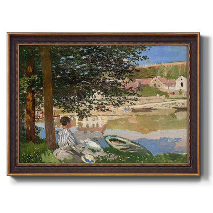 Impressionist riverside landscape at Bennecourt by Claude Monet printed on canvas in an ornate bronzed mahogany wood frame.