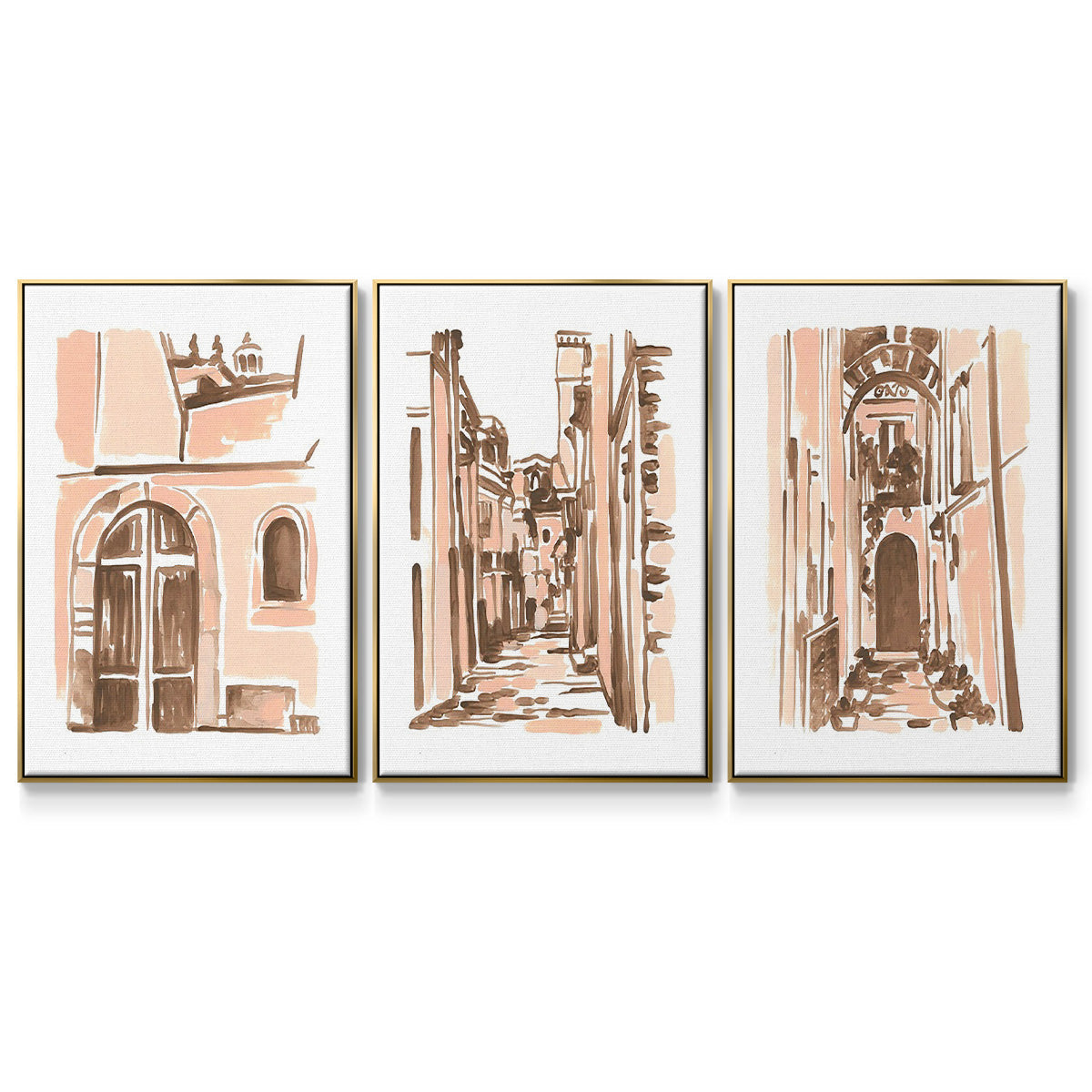 Blush Architecture Study IV - Framed Premium Gallery Wrapped Canvas L Frame 3 Piece Set - Ready to Hang