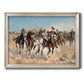 Impressionist western action scene by Frederic Remington printed on canvas in an ornate champagne frame.