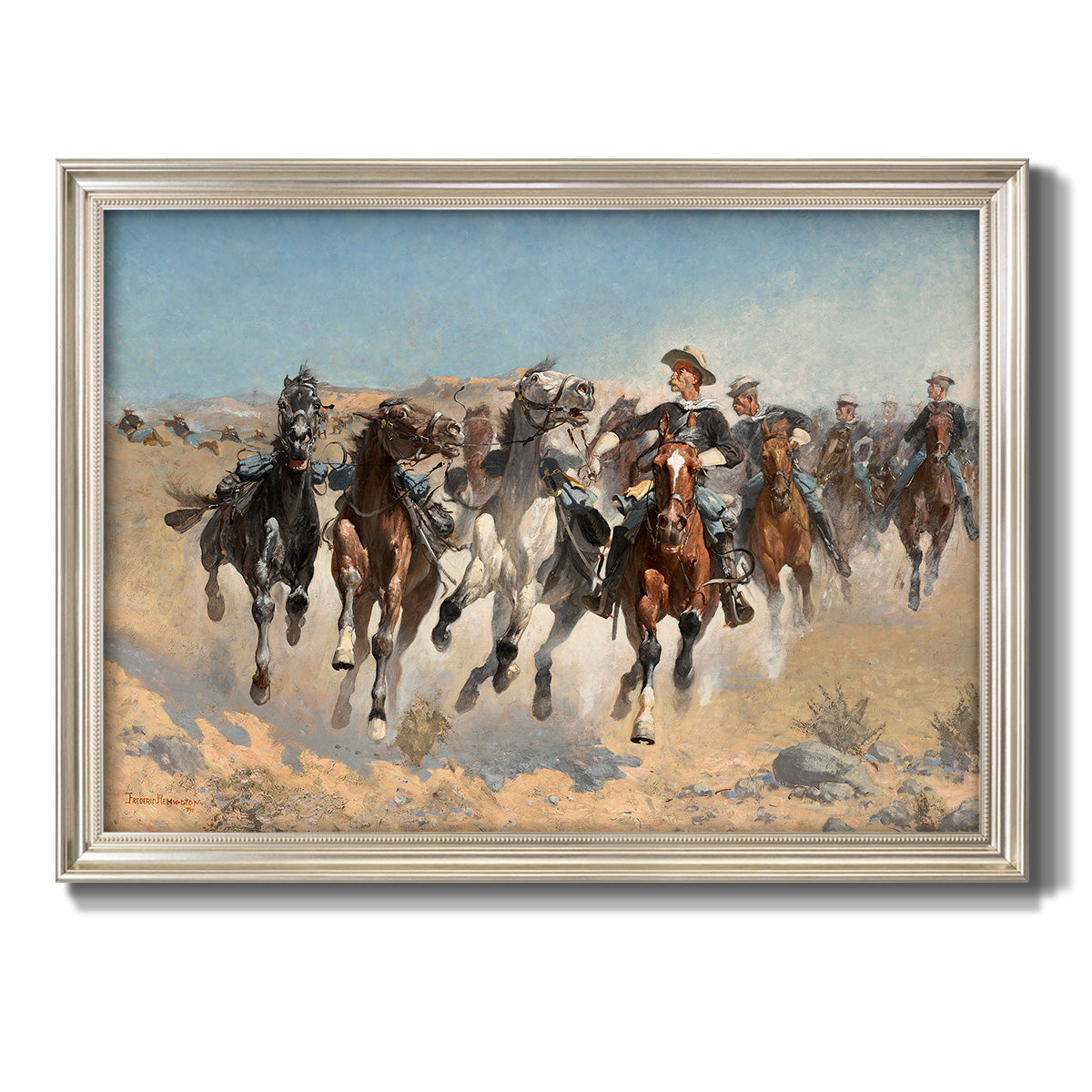 Impressionist western action scene by Frederic Remington printed on canvas in an ornate champagne frame.