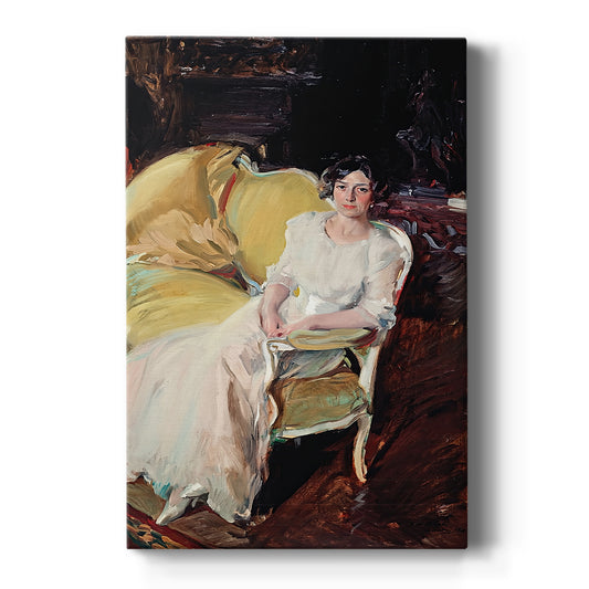 Canvas art print featuring an impressionist interior portrait of a seated woman with soft light and texture on a clean white background.