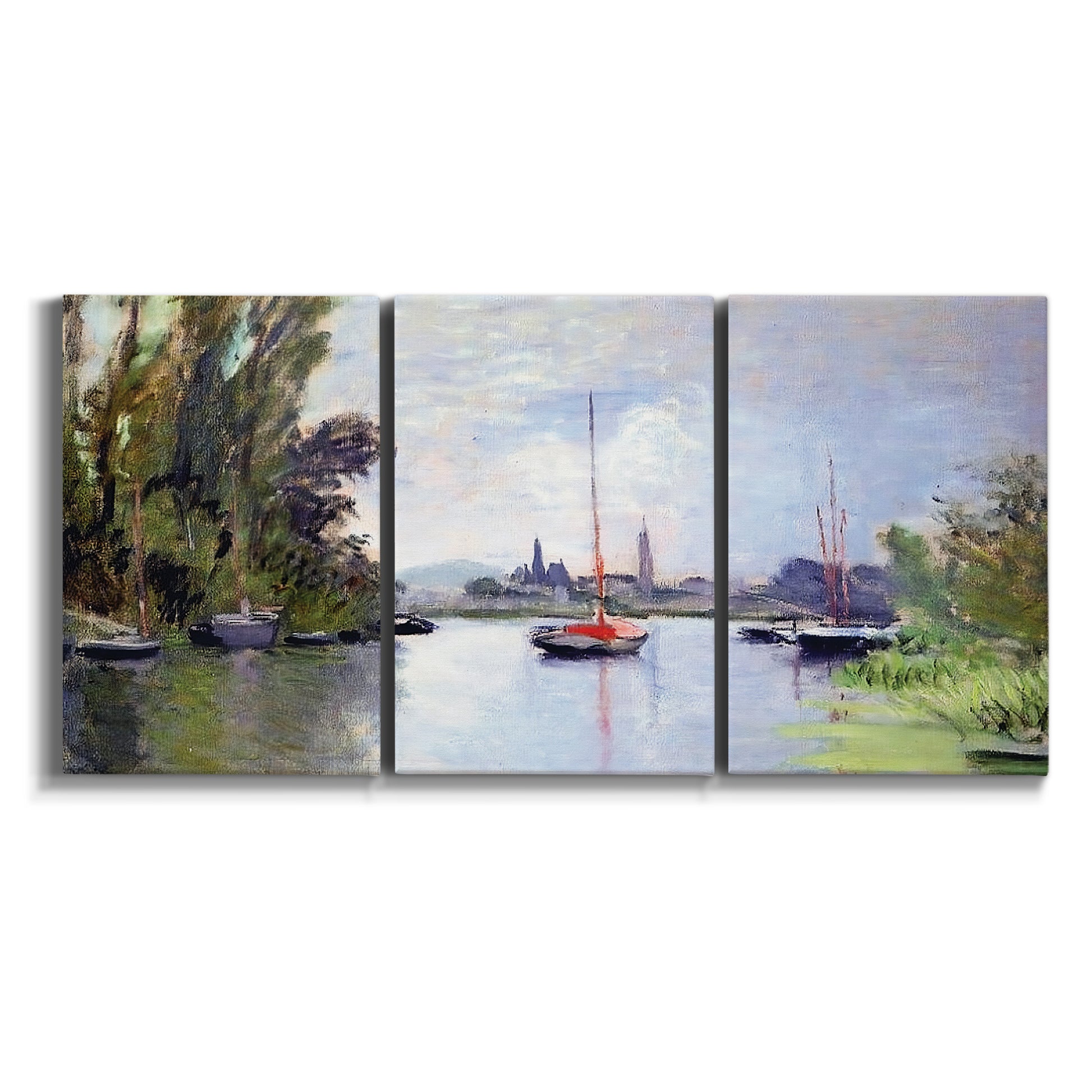 Three-panel canvas wall art featuring river view with boats and reflections on white background.